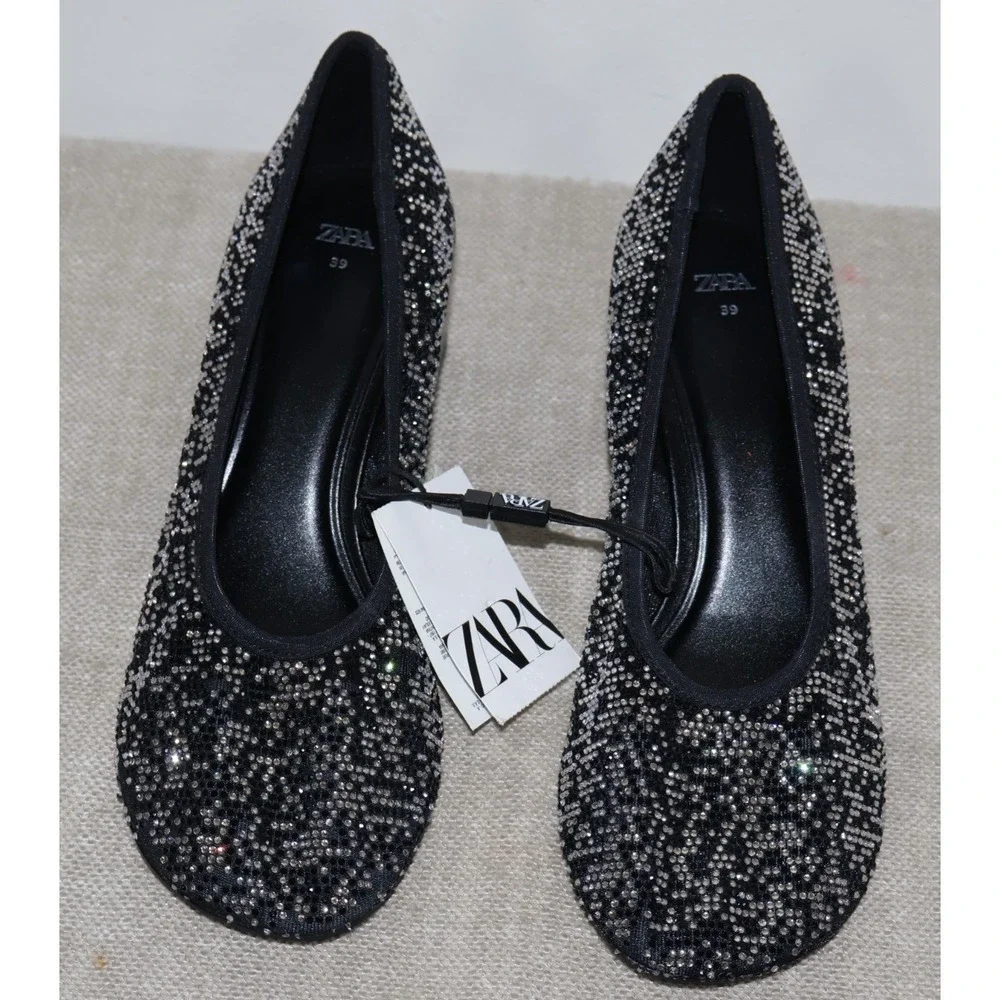 ZARA WOMEN SHOES SIZE 8/39 BLACK SLIVER RHINESTONES‎ SPARKLES